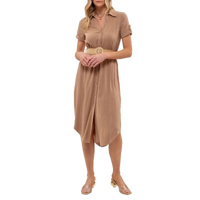 August Sky Women's Spread Collar Front Button Up Belted Midi Shirtdress