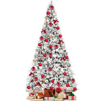 Costway 7ft Snow Flocked Hinged Christmas Tree w/ Berries & Poinsettia Flowers - White