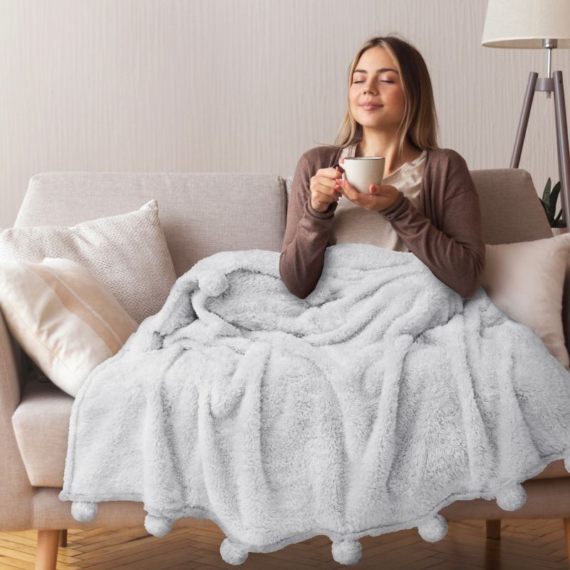 PAVILIA Fluffy Throw Blanket with Pompom, Lightweight Soft Plush Cozy Warm Pom Pom Fringe for Couch Sofa Bed, 5 of 8