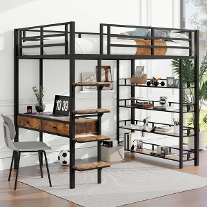 NicBex Twin Size Loft Bed with Desk Metal Bed Frame with 4-Layer Storage Shelves, Ladder and Full Length Guardrail, No Box Spring Required - 1 of 4