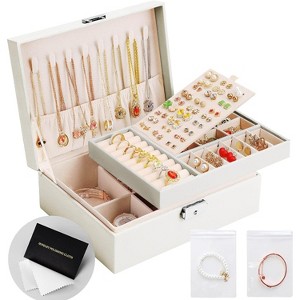 2-Layer Leather Jewelry Box with Lock, Travel Organizer with Removable Tray & Jewelry Bags - 1 of 4