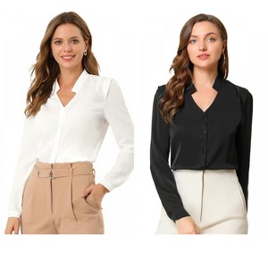 INSPIRE CHIC Women's Elegant V Neck Work Office Button Up Shirt 2 Packs - 1 of 4