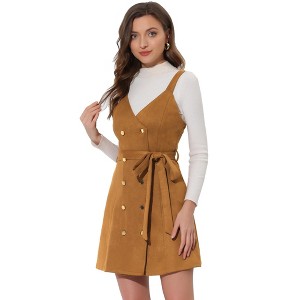 Allegra K Women's Faux Suede V Neck Button Down Belted Pinafore Overall Dress - 1 of 4