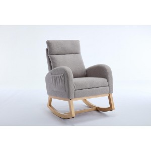 Gulches Light Gray Teddy Fabric Nursery Rocking Chair, Adjustable Footstool & Thickened Headrest, Solid Wood Base with Pocket (250 lbs Capacity) - 1 of 4