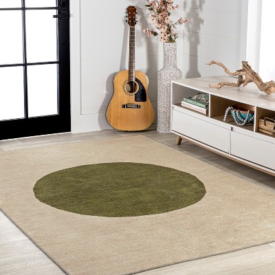 Ivory and Olive Geometric Washable Synthetic Area Rug