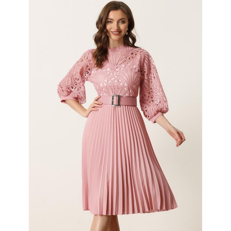 Allegra K Women's Floral Lace Panel 3/4 Sleeves Belted A-Line Pleated Dresses, 2 of 6