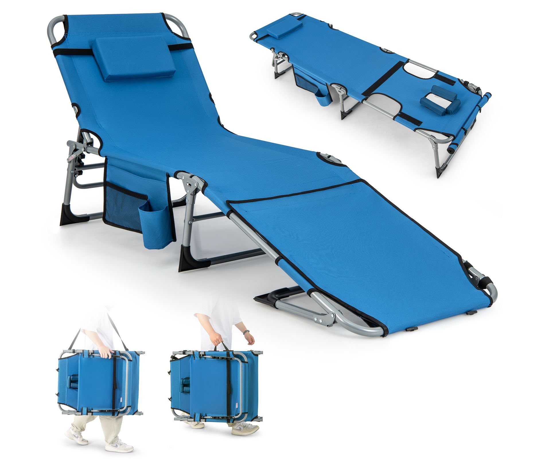 Gymax Outdoor Folding Chaise Lounge Chair 5-position Lounge Chair w/ Adjustable Footrest Face Hole Storage Pocket Portable Recliner Blue