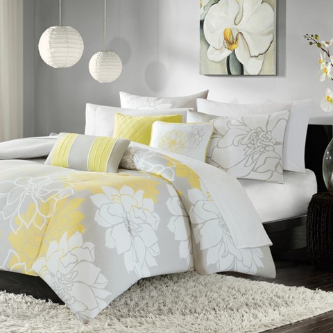 Madison Park 6pc Queen Victoria Floral Duvet Cover Set Yellow/Gray: Cotton Bedding with Embroidered Details