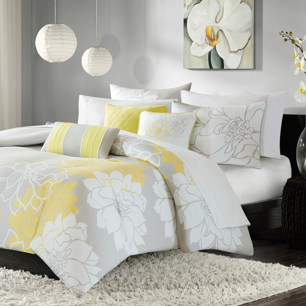 Photos - Bed Linen 6pc Queen Victoria Floral Duvet Cover Set Yellow/Gray - Madison Park