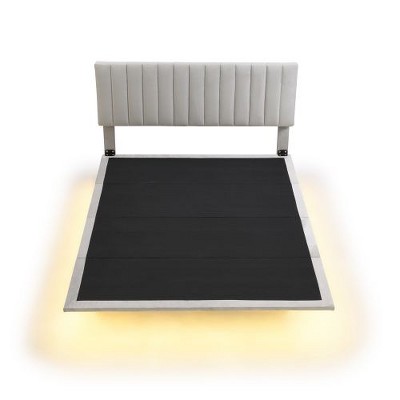 Queen-Size Velvet Upholstered Floating Platform Bed with Integrated Headboard and Sensor Light