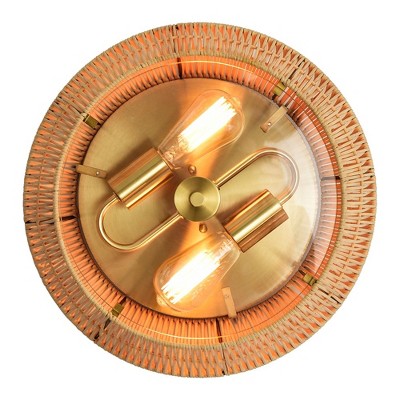 Vintage Brass and Natural Rattan Geometric Cage Flush Mount Light