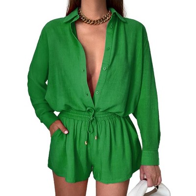 WhizMax Women's Casual 2 Piece sets Long Sleeve Button Down Shirt High Waist Drawstring Short Outfit sets