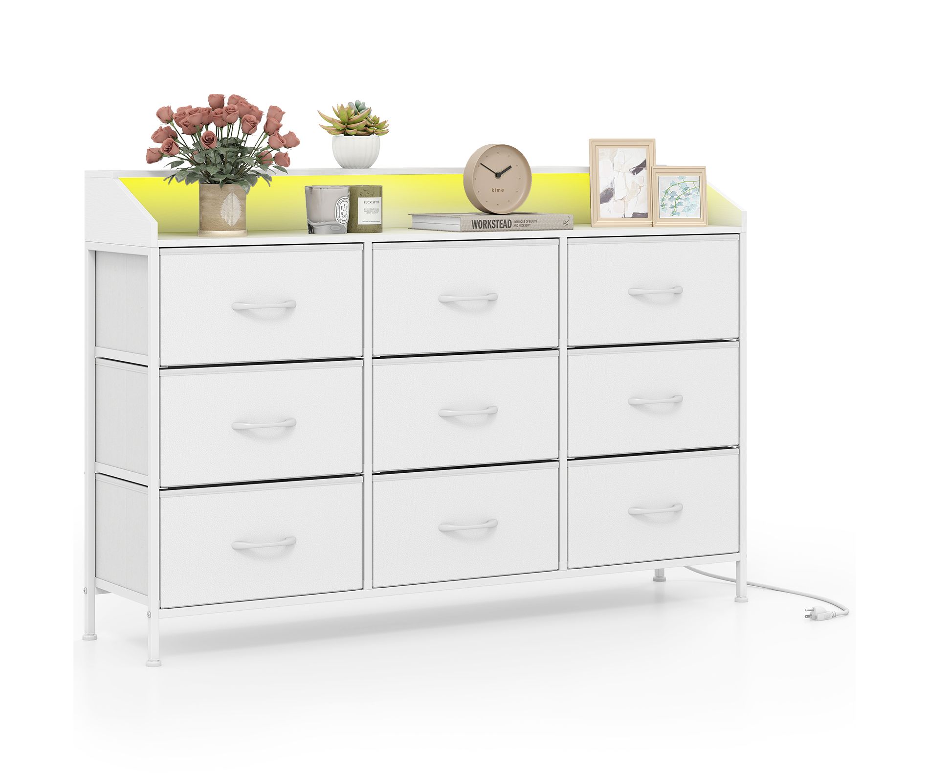 Costway Storage Organizer Dresser with LED Lights, Charging Station, 9 Fabric Drawers & Metal Frame