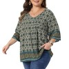 Women's Plus Size Bohe Floral Print V Neck 3/4 Sleeve Dressy Casual Work Tunic Blouses - Agnes Orinda - 2 of 4