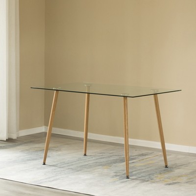 Mid-Century Modern Rectangular Glass Top Dining Table with Wood Legs