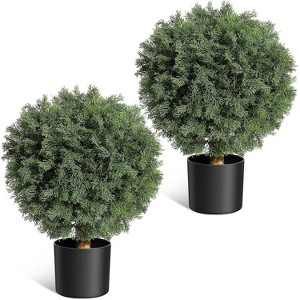 Garvee 24'' Artificial Cedar Topiary Ball Trees with Potted, Fake Cedar Plants Artificial Shrubs Bushes Ball Tree for Front Door Porch Garden - 1 of 4