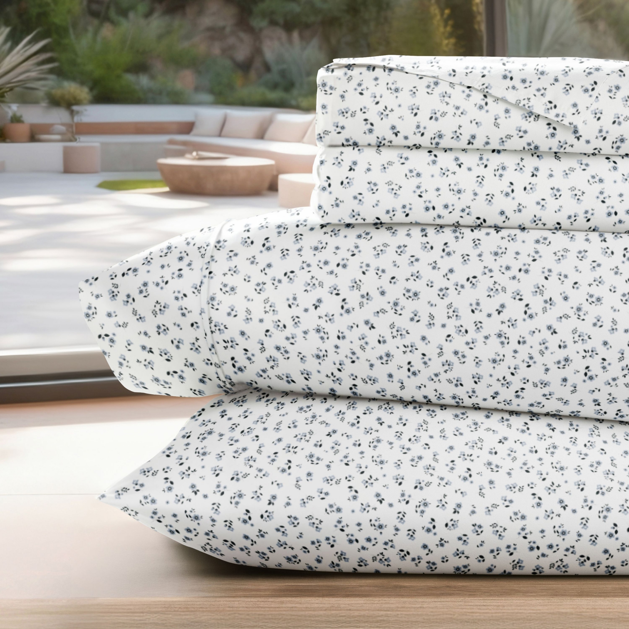 Delicate Blossoms Floral Patterned Ultra-Soft 4 Piece Bed Sheet Set - Becky Cameron, Ditsy Floral Blue Fog, King