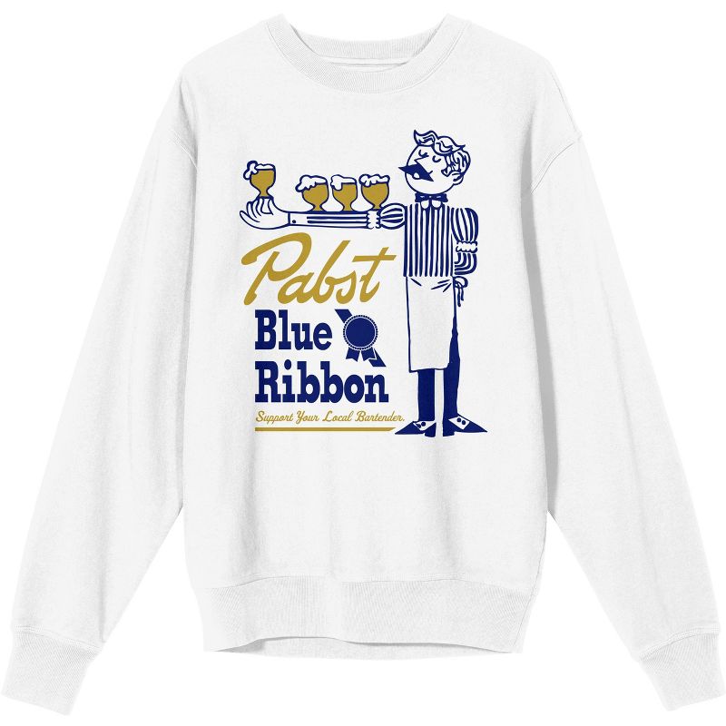 Pabst Blue Ribbon Bartender With Beer Logo Men's White Long Sleeve Sweatshirt, 1 of 3