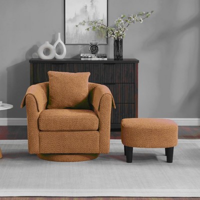 Wooakway Swivel Accent Chair with Ottoman Set Barrel Armchair with Removable Back Pillow with 2 Armrest Covers for Living Room Bedroom Office