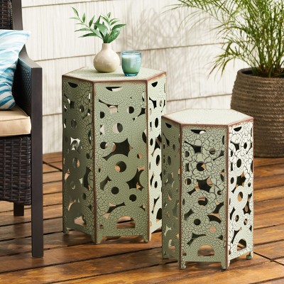 2 Piece Outdoor Green Iron Hexagon Accent Tables,Patio Coffee Table With Iron Frame For Backyard,Garden,No Assembly Required-Coolbibila