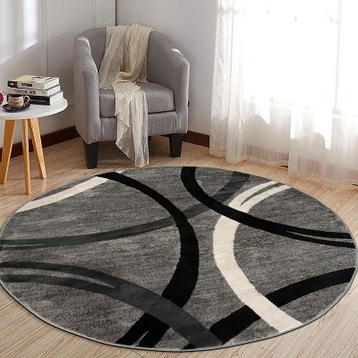 Gray and Black Abstract Round Synthetic Area Rug