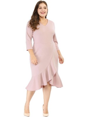 Agnes Orinda Women's Plus Size Cocktail V-neck Wrap Ruffled Midi Bodycon Dresses