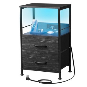 NightStand with Charging Station, LED Bedside Table with 2 Fabric Drawers, Storage Shelf, 3 USB Ports and 2 Outlets - 1 of 4