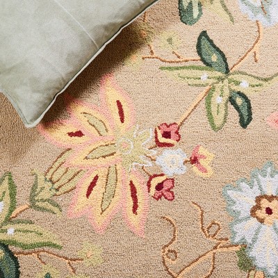 Beige Floral Hand-Knotted Wool Square Area Rug