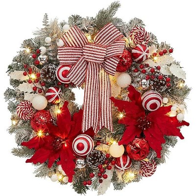 Coucheta 24 Inch Pre-Lit Christmas Wreath - Large Lighted with Xmas Balls, Artificial Flower & Bow, Red & White