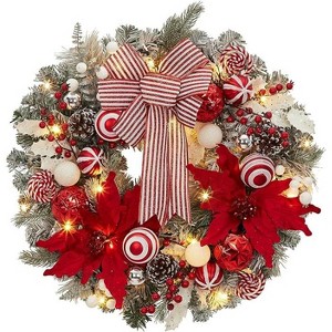 Coucheta 24 Inch Pre-Lit Christmas Wreath - Large Lighted with Xmas Balls, Artificial Flower & Bow, Red & White - 1 of 4