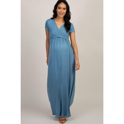 PinkBlush Blue Draped Maternity/Nursing Maxi Dress
