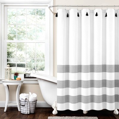 72"x72" Boho Tassel Striped Yarn Dyed Eco Friendly Recycled Cotton Shower Curtain Black - Lush Décor