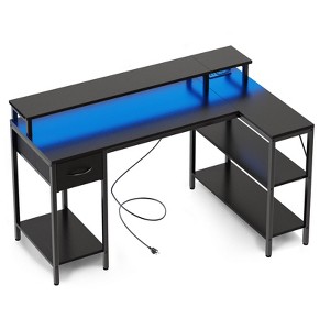 TUYOHW 47"/53" Reversible L-Shaped Computer Desk with LED,Home Office Desks with Power Outlets & Open Shleves for Studying Room,Gaming Room - 1 of 4