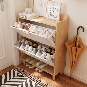 KTMBDW Modern Shoe Storage Cabinet with 2 Flip Drawers, Freestanding Organizer with Solid Wood Legs for Entryway, Narrow Shoe Rack Cabinet, White - 1 of 4