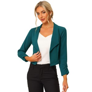 INSPIRE CHIC Women's Regular Fit Notched Lapel Ruched Sleeve Business Crop Blazer - 1 of 4