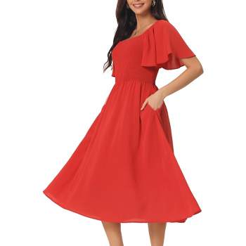 Seta T Women's Ruffle Short Sleeve Square Neck Smocked Elastic Waist Casual Midi Dresses with Pockets