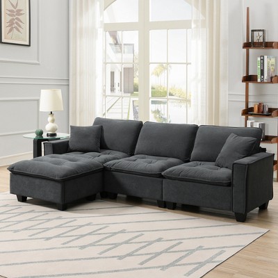 100"W Modern L-Shaped Sectional Sofa, 4 Seat Suede Velvet Couch Set with Free Pillows and Ottoman - ModernLuxe