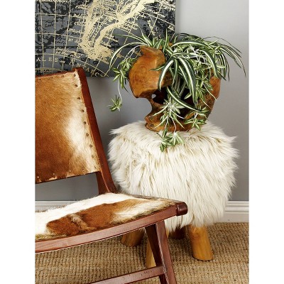 Teak and Faux Fur Square Block Accent Stool Beige - Olivia & May