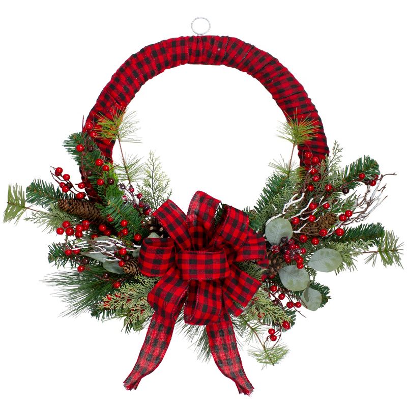 Northlight Red and Black Buffalo Plaid and Berry Artificial Christmas Wreath - 24-Inch, Unlit, 1 of 7