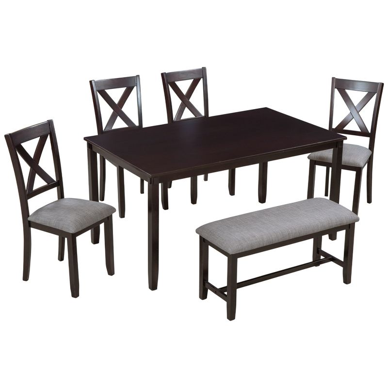 Modernluxe 6-Piece Kitchen Dining Table Set Wooden Rectangular Dining Table with 4 Dining Chairs and a Bench, 2 of 8