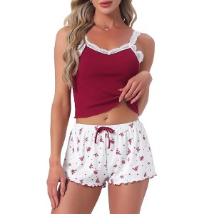 INSPIRE CHIC Women's Pajama Set Lace Tops Sleeveless Floral Shorts Ribbed Knit Soft Loungewear Sleepwear - 1 of 4