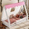 TIRAMISUBEST Twin/Full Size Kids House Bed Frame with Tent & Light Strips, Wooden Floor Bed with Guardrail - 2 of 4