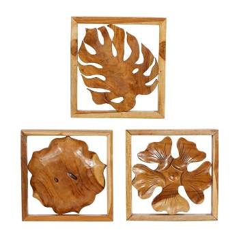 Set of 3 Teak Wood Floral Handmade Framed Carved Leaf and Wall Decors Brown - Olivia & May