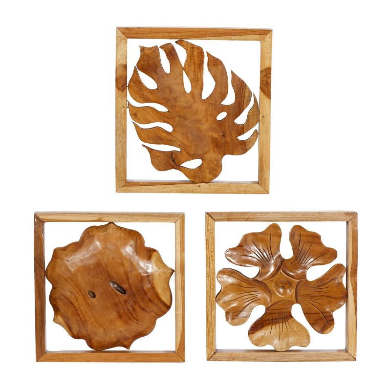 Set of 3 Teak Wood Floral Handmade Framed Carved Leaf and Wall Decors Brown - Olivia &#38; May, 1 of 6