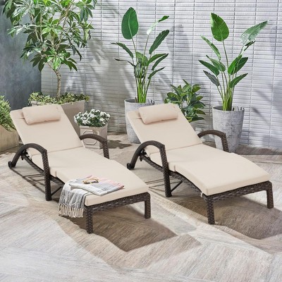 Chaise Lounge Chairs Set of 2 for Outside, Adjustable Position Outdoor PE Rattan Wicker Patio Pool Lounge Chair with Arm, Cushion, Pillow and Wheels