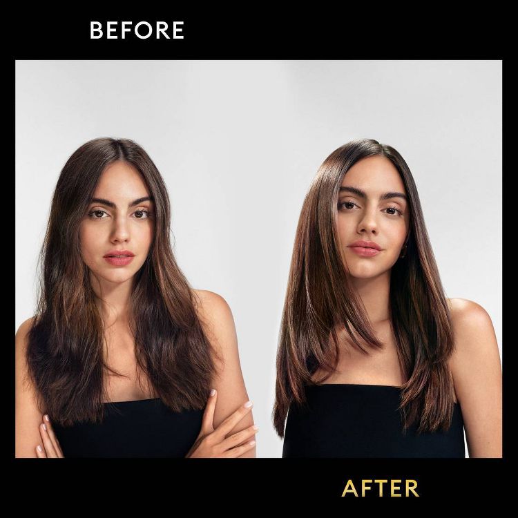 Before and after comparison of a woman's hair. The "Before" image shows frizzy, unstyled hair, while the "After" image displays sleek, smooth, and shiny hair, highlighting the product's effectiveness in improving hair texture and appearance.