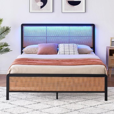 Full Size Rattan Bed Frame with Headboard, Modern Style Cane Boho Bed Frames with Heavy Duty Sturdy Steel Slat Support, No Box Spring Needed, White