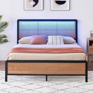 Full Size Rattan Bed Frame with Headboard, Modern Style Cane Boho Bed Frames with Heavy Duty Sturdy Steel Slat Support, No Box Spring Needed, White - 1 of 4