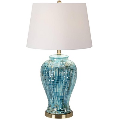 Possini Euro Design Asian Style Temple Jar Table Lamps with Table Top Dimmer Teal Color Ceramic White Empire Shade for Living Room