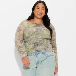 Women's Long Sleeve Boat Neck Henley Shirt - Wild Fable™ Camo - 1 of 3